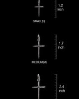 Size comparison chart of nail cross pendants showing small medium and large options with measurements