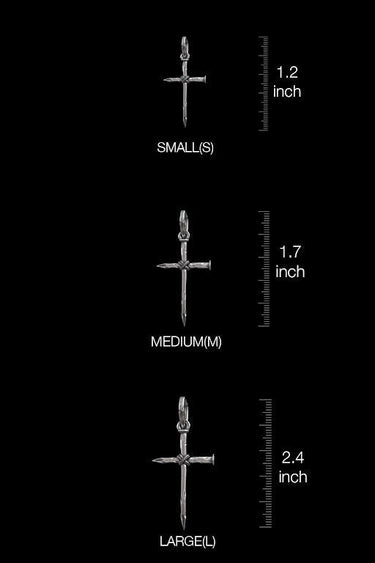 Size comparison chart of nail cross pendants showing small medium and large options with measurements