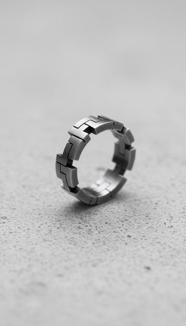 925 sterling silver geometric ring with angular segments displayed on textured concrete surface showing modern design
