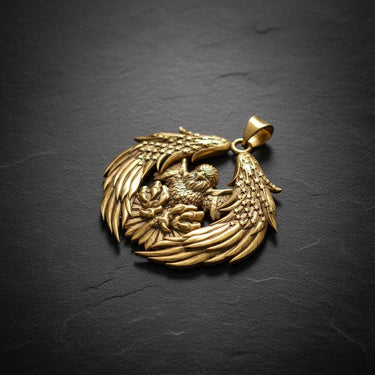 Close-up of silver eagle pendant displaying intricate talon and feather craftsmanship with oxidized accents