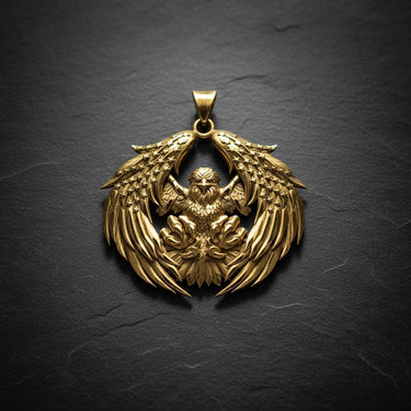 Side angle view of handcrafted American eagle pendant showing dimensional wing detail and gold vermeil finish