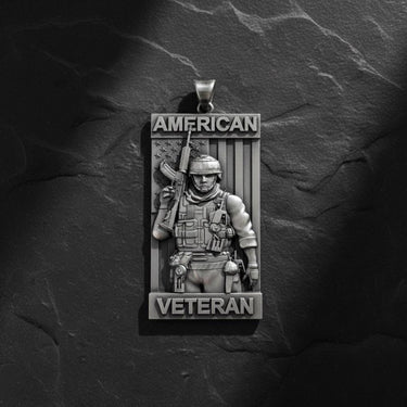 925 sterling silver American Veteran pendant with detailed tactical soldier and USA flag design on dark slate background