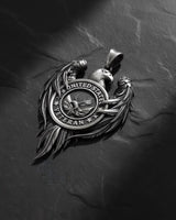 Close-up view of handcrafted veteran eagle pendant showing oxidized finish and intricate feather details