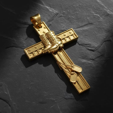 Front view of sterling silver military cross pendant displaying detailed combat boots centerpiece with star accents