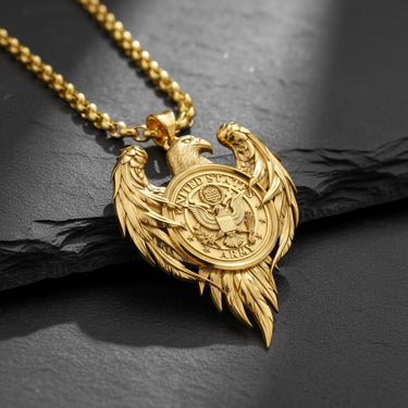 Handcrafted Army eagle pendant showing detailed feather work and official military emblem in sterling silver