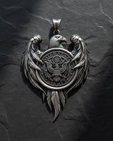925 sterling silver Army eagle pendant with gold vermeil finish and US Army seal on slate background