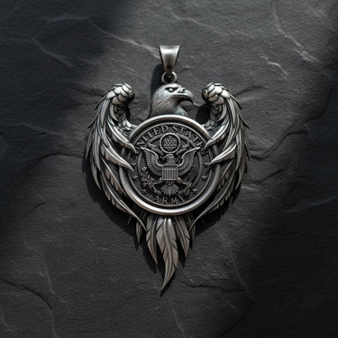 925 sterling silver Army eagle pendant with gold vermeil finish and US Army seal on slate background