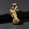 925 sterling silver praying hands cross pendant with gold vermeil finish on black leather background