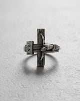 Front view of handcrafted Jesus cross ring showing Christ figure and oxidized sterling silver finish details