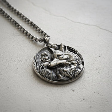 Close-up view of handcrafted fox head pendant showing detailed fur texture and oxidized silver finish craftsmanship