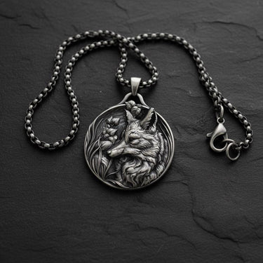 925 sterling silver fox pendant with botanical engravings displayed on dark slate background showing intricate detail