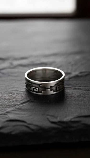 Side view of handcrafted Aztec ring on dark wood showing oxidized finish and traditional pattern depth