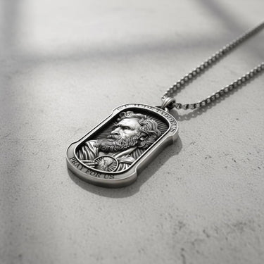 Close-up of handcrafted St. Jude pendant showing intricate facial details and radiating light pattern design