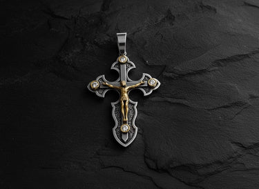 925 sterling silver crucifix pendant with detailed Jesus figure and CZ stones on dark wooden surface