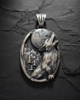 925 sterling silver wolf pendant featuring oxidized finish and detailed fur texture howling at full moon