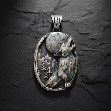 925 sterling silver wolf pendant featuring oxidized finish and detailed fur texture howling at full moon