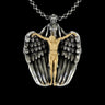Silver Angel Crucifix Pendant with a gold vermeil Christ figure, held by a guardian angel with detailed sterling silver wings.