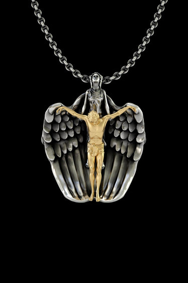 Silver Angel Crucifix Pendant with a gold vermeil Christ figure, held by a guardian angel with detailed sterling silver wings.