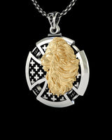 Two-tone lion compass pendant showing detailed craftsmanship with geometric design and ornate silver chain