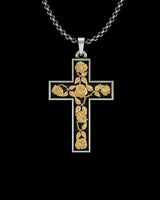 Silver rose cross pendant with gold vermeil flowers on a 925 sterling silver chain, shown on a black background.