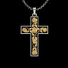 Silver rose cross pendant with gold vermeil flowers on a 925 sterling silver chain, shown on a black background.