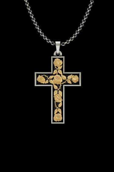 Silver rose cross pendant with gold vermeil flowers on a 925 sterling silver chain, shown on a black background.