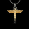Egyptian cross pendant in 925 sterling silver with a gold vermeil winged goddess, shown on a silver chain against a black background.