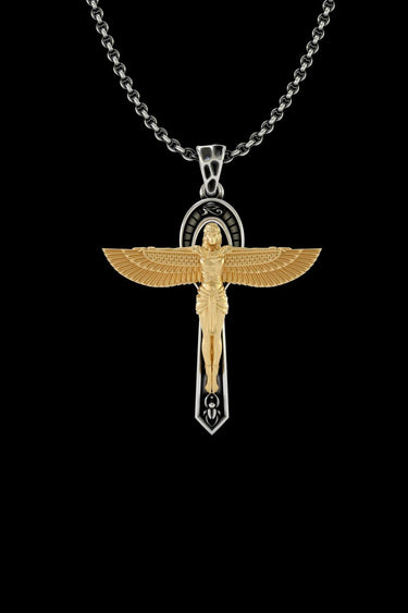 Egyptian cross pendant in 925 sterling silver with a gold vermeil winged goddess, shown on a silver chain against a black background.