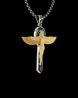 Angled view of the two-tone Egyptian cross pendant highlighting the detailed gold wings and the silver cross with scarab symbol.