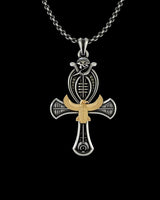 Two-tone Egyptian Ankh Pendant in sterling silver with a gold vermeil Eye of Ra and falcon, shown on a silver link chain.