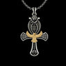 Two-tone Egyptian Ankh Pendant in sterling silver with a gold vermeil Eye of Ra and falcon, shown on a silver link chain.