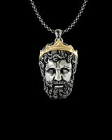 925 sterling silver Zeus pendant with gold vermeil crown showing detailed Greek god face and curled beard