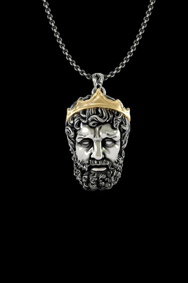 925 sterling silver Zeus pendant with gold vermeil crown showing detailed Greek god face and curled beard