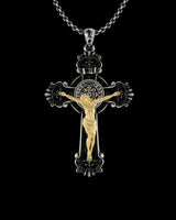 925 sterling silver Benedict cross pendant with gold vermeil Christ figure and Saint Benedict medal center detail