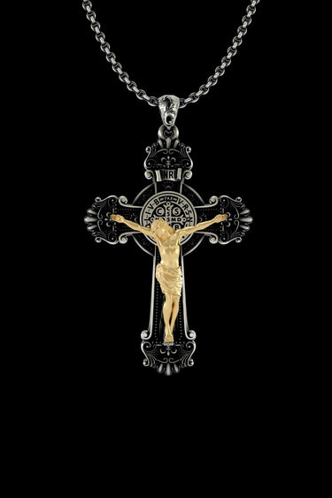 925 sterling silver Benedict cross pendant with gold vermeil Christ figure and Saint Benedict medal center detail