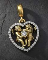 Close-up view of 925 sterling silver cherub pendant showing detailed wings and diamond-studded heart border