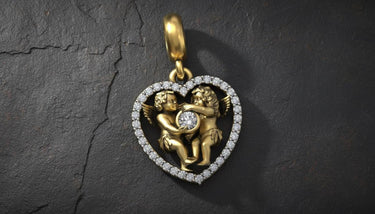 Close-up view of 925 sterling silver cherub pendant showing detailed wings and diamond-studded heart border