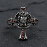 925 sterling silver Jesus cross ring with crown of thorns and ruby gemstones on dark slate background