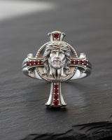 Detailed view of handcrafted Jesus cross ring showing Christ portrait and oxidized silver finish details