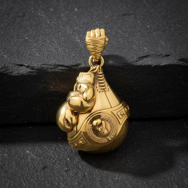 Oxidized silver boxing pendant displaying intricate championship belt medallion and star engravings