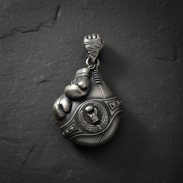 925 sterling silver boxing pendant with championship belt and gloves design in gold vermeil finish on slate