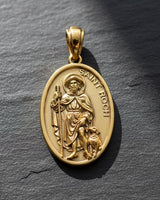 Saint Roch Catholic pendant in 925 sterling silver gold vermeil finish displaying traditional pilgrim iconography