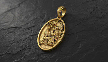 Sterling silver Saint Hubert pendant with oxidized finish showing catholic patron saint design details