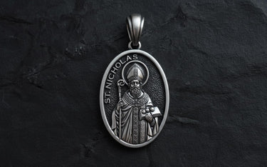 925 sterling silver Saint Nicholas medal with intricate religious engravings and episcopal vestments detail