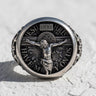 925 sterling silver Catholic cross ring with Jesus crucifixion scene and INRI inscription on textured surface