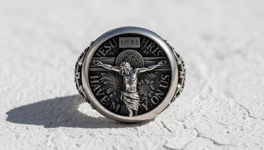 925 sterling silver Catholic cross ring with Jesus crucifixion scene and INRI inscription on textured surface