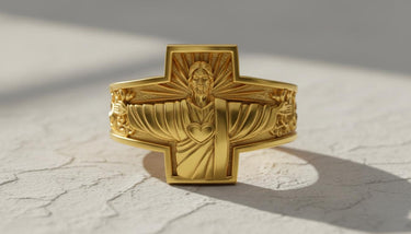 Side view of handcrafted Jesus cross ring showing Christ the Protector with divine light rays and ornate band details