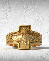 Close-up detail of Sacred Heart symbol and flowing robes design on gold vermeil sterling silver religious ring