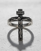 925 sterling silver crucifix ring with detailed Jesus Christ figure and INRI inscription on textured surface