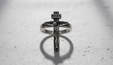 925 sterling silver crucifix ring with detailed Jesus Christ figure and INRI inscription on textured surface